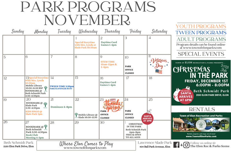 Park Program Calendar November 2023